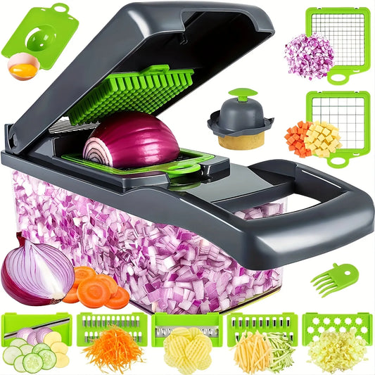 1pc Kitchen Vegetable Chopper, 13-in-1 Food Cutter With 8 Stainless Steel Blades And Container - Ideal For Slicing Onions